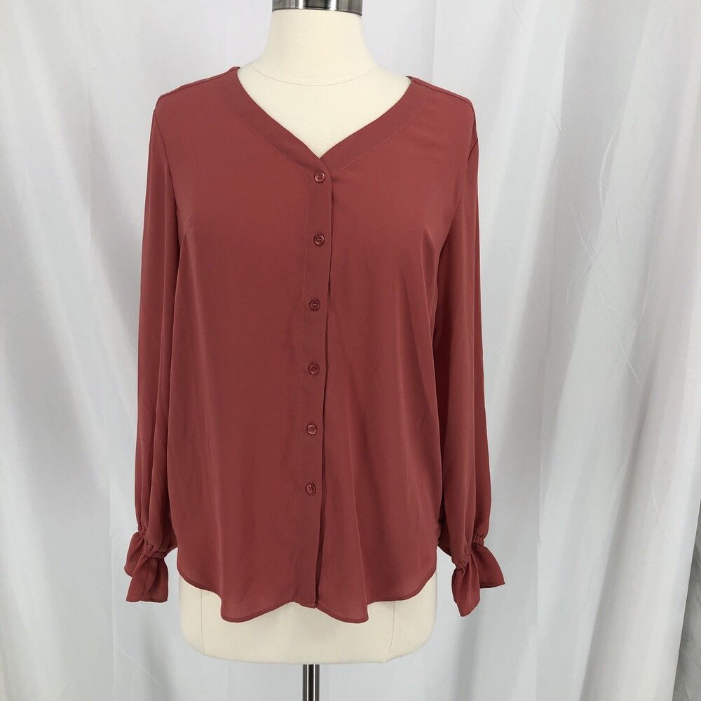 Tahari Salmon Solid V-Neck Button Long Sleeve Blouse Top Women’s XS